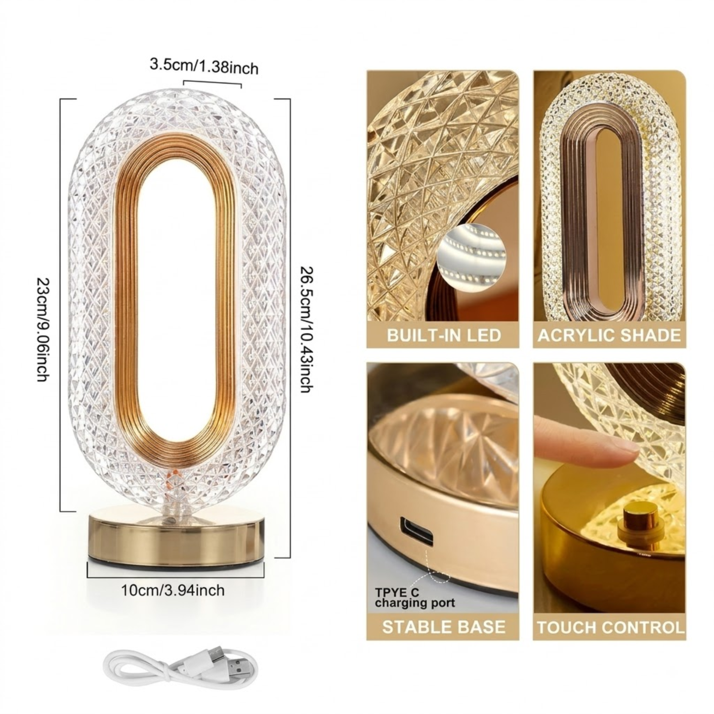 Crystal Oval Table Lamp – Rechargeable Night Light