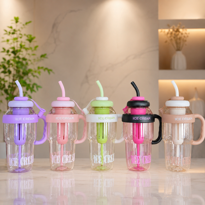 Ice Cream Water Bottle – 1200ml Leakproof, Straw