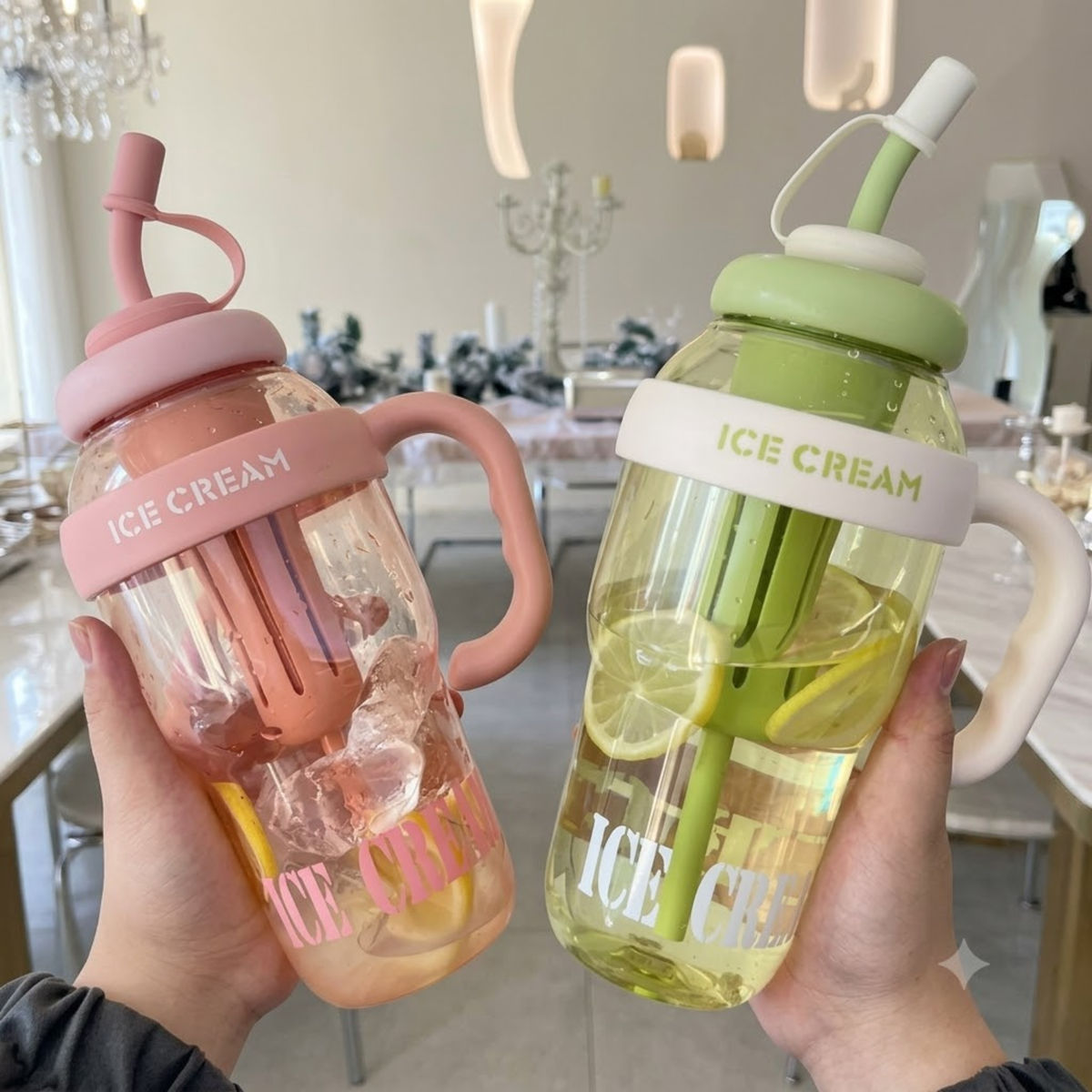 Ice Cream Water Bottle – 1200ml Leakproof, Straw