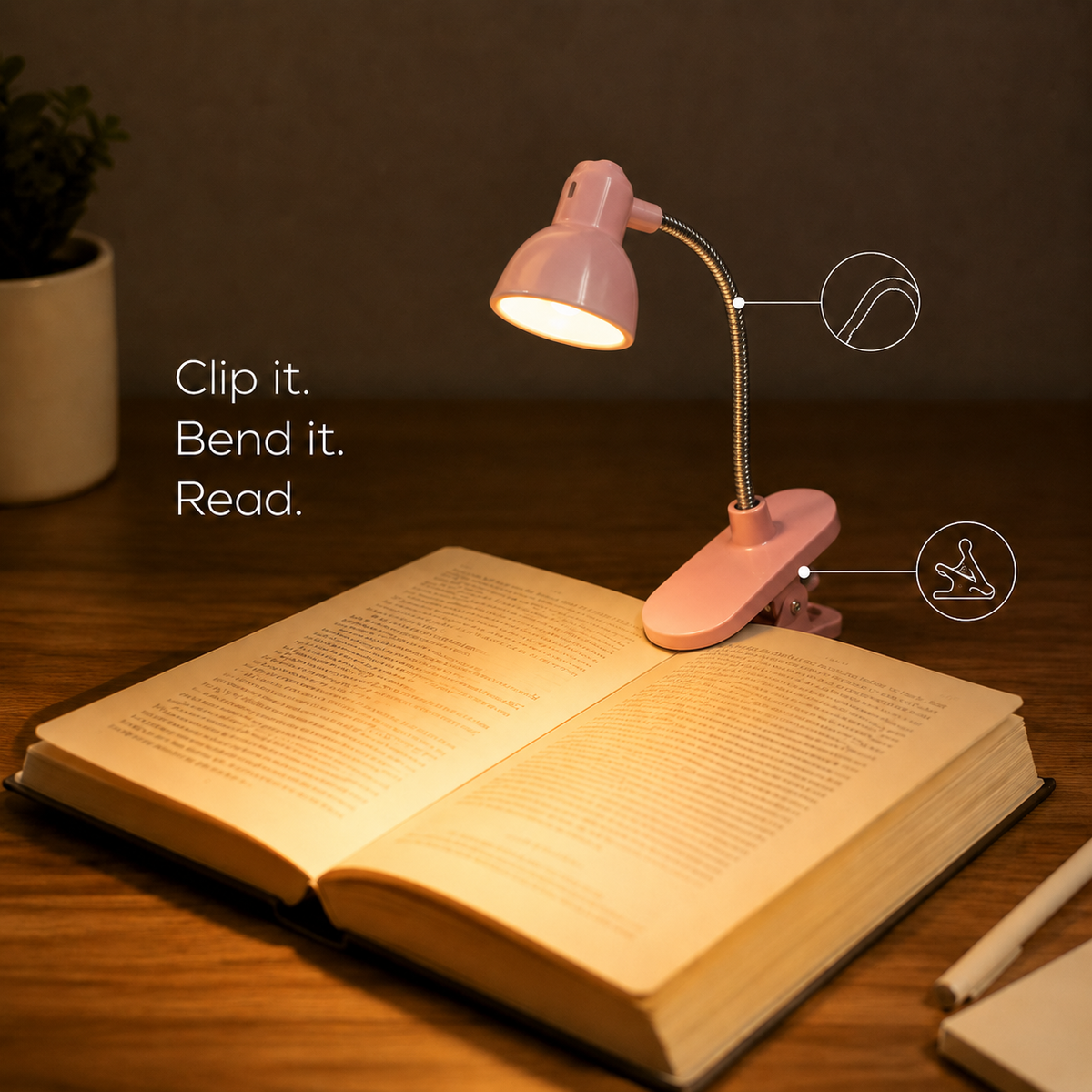 Mini LED Book Light – Clip-On Rechargeable Reading Lamp