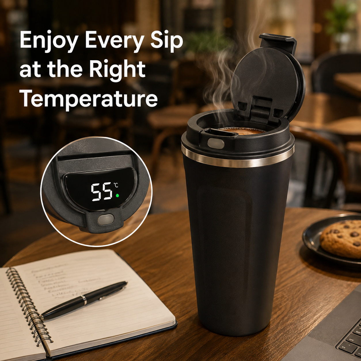 Coffee Cup with Temperature Display – LED, Stainless