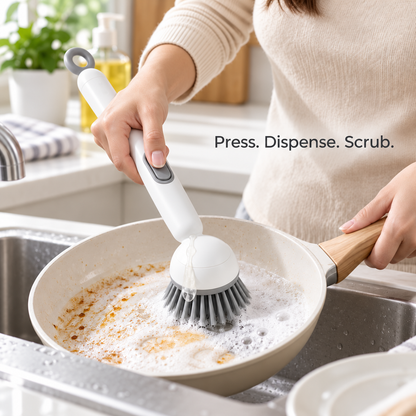 Soap Dispensing Dish Brush – 360° Rotating, 6-in-1