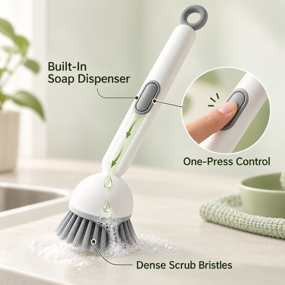 Soap Dispensing Dish Brush – 360° Rotating, 6-in-1