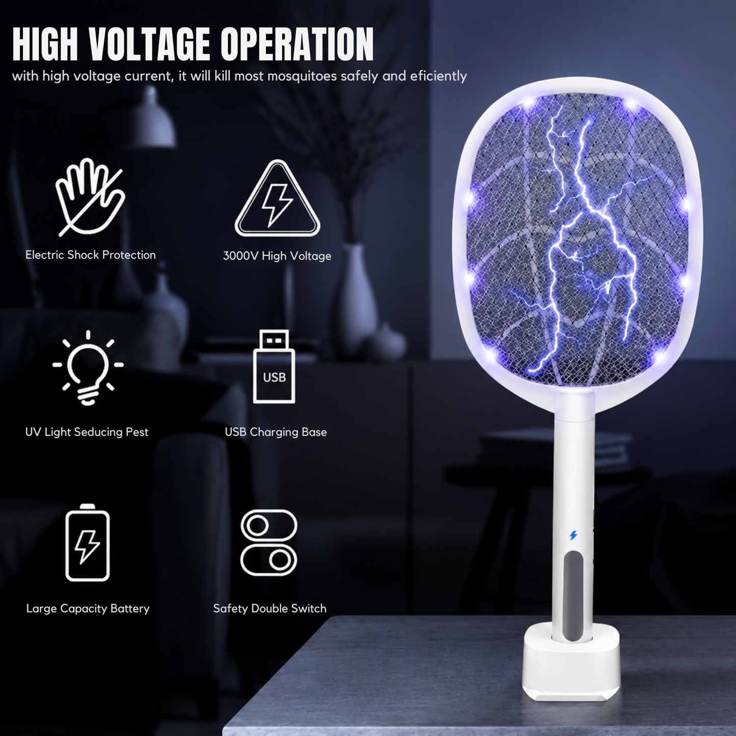 2-in-1 Mosquito Killer Racket with UV Light & Stand