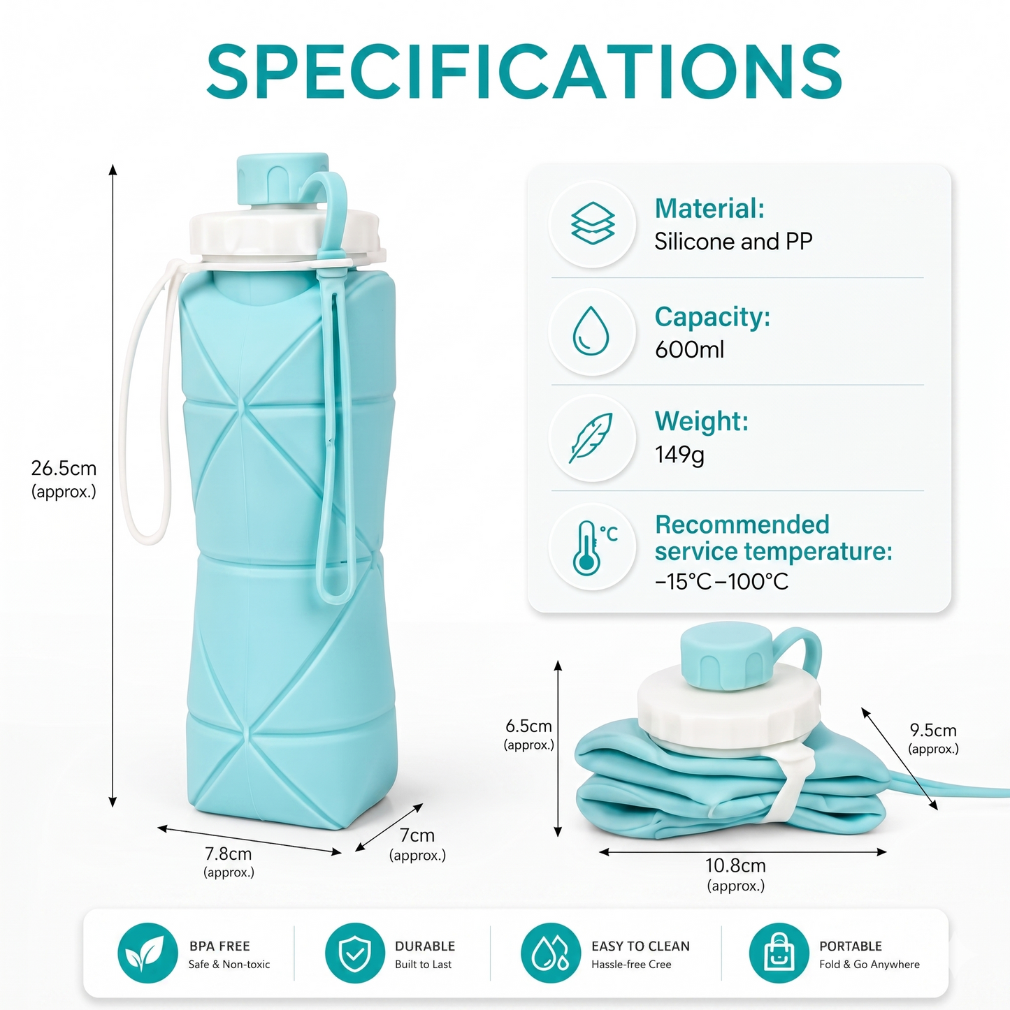 Foldable Silicone Water Bottle 600ml